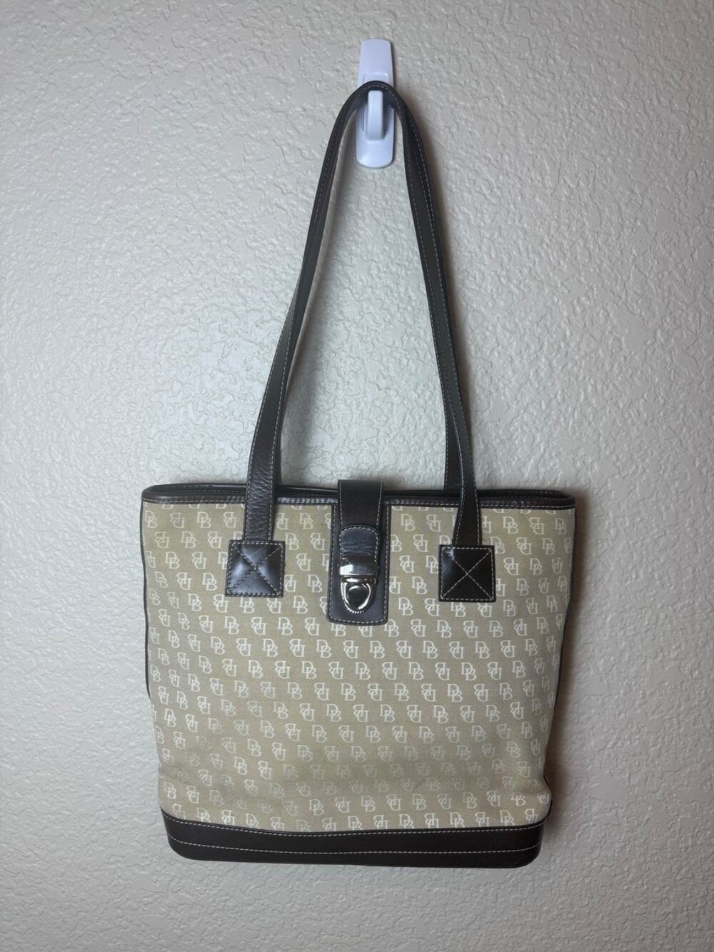 Dooney & Bourke Vtg Leather and Cloth Bag Dark Brown Buckle Strap